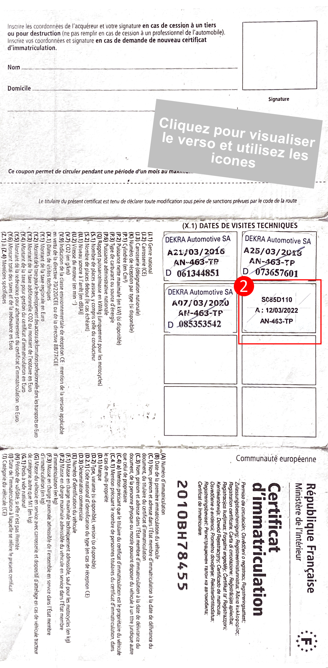 Verso Carte Grise V.P.